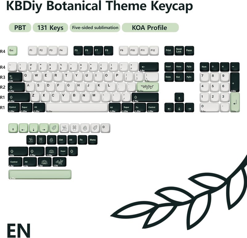 YMKPVR KBDiy Botanical KOA Profile Keycaps 60 Percent,Dye-Sublimation PBT Green Custom Keyboard Keycap,131 Key Cap Set for Cherry Gateron MX Switches Mechanical Keyboards - Image 2
